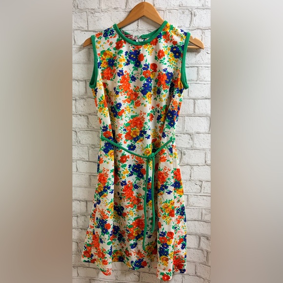 Ruby Lou Dresses & Skirts - Vintage 70’s Sleeveless Floral Midi Dress with Green Trim